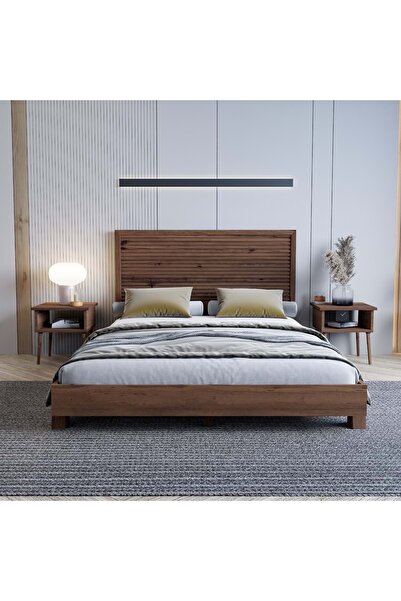 RENAZZO Alaz Model Ceviz Renk Çam Ahşap Karyola Ve İki Komodin Set ( YTY )