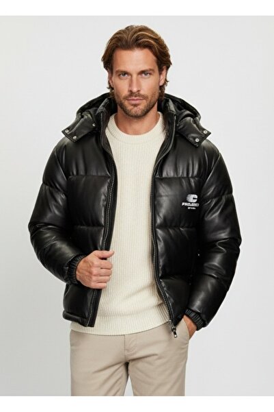 Jack & Jones J&J Terrain Cold Proof Pu Leather Hooded Puffer Coat Black