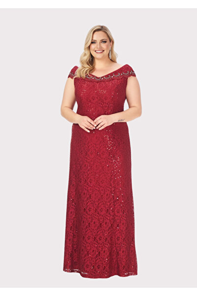 LİLAS XXL Büyük Beden Bordo Renkli DantelBüyük Beden Abiye Elbise