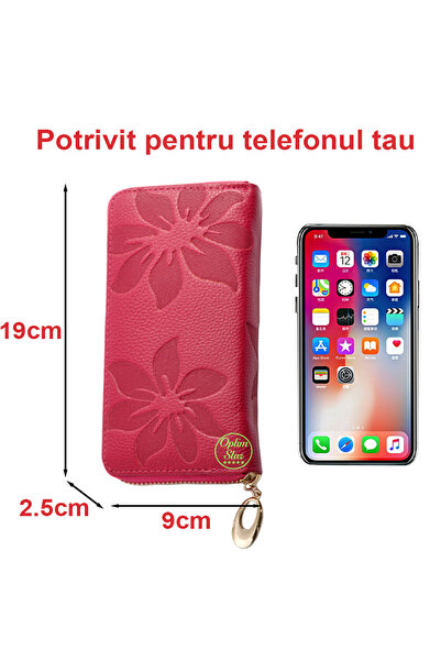 OptimStar Portofel dama, piele naturala, ornamente florale embosate, 19x9x2.5cm, Rosu