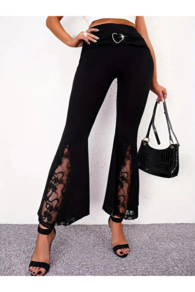 NOİR & GOLD Women's High Waist Heart Belt Lace Detailed Diver Pants