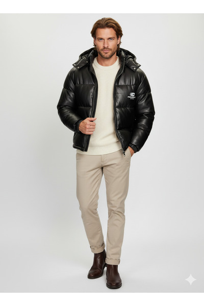 Jack & Jones J&J Terrain Cold Proof Pu Leather Hooded Puffer Coat Black