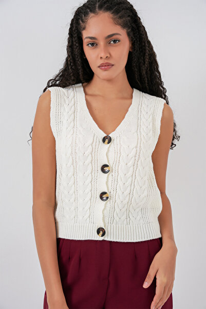 Bigdart 15882 Düğmeli Kısa Triko Yelek - Beyaz