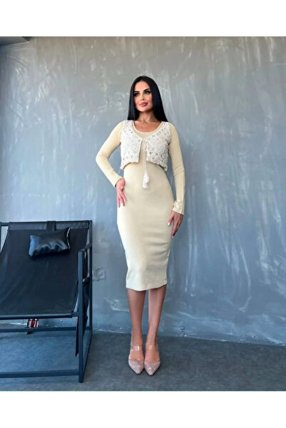 Genel Markalar Kadın Bisiklet Yaka Midi Boy Elbise Ve Dantel Güpür Detay Yelek Fırsat ürün Ikili Takım