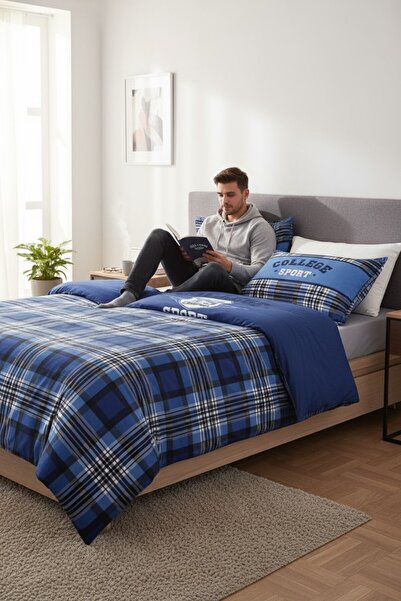 Özdilek Ranforce Blue Squares Single Duvet Cover Set