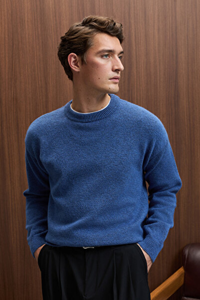 GRIMELANGE Тромсо Чоловічий Relaxed Fit Велосипедний комір Теплий трикотаж Індіго Светр