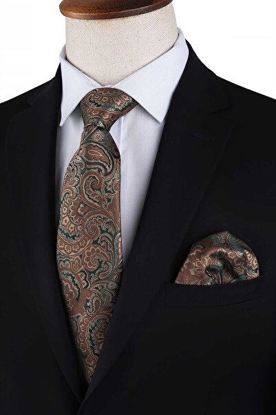 Kravatkolik Yeşil Şal Desen Mendilli Klasik Kravat KK13120