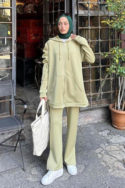 lamelif Arm Ruched Detail double scuba hijab set green