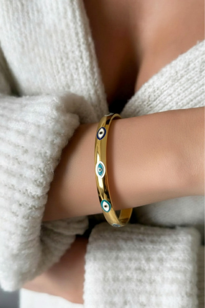 MODA Çelik Nazar Çift Taraflı Kadın Kelepçe Kararmaz 18 Cm Bilek Uzunluğu Kadın Bileklik