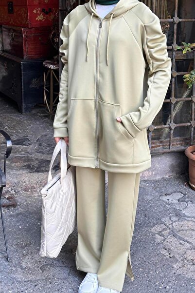 lamelif Arm Ruched Detail double scuba hijab set green