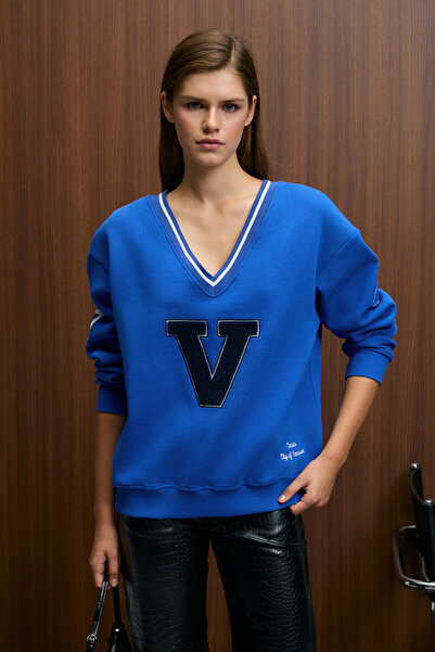 GRIMELANGE DIVINE Дамска синя блуза с V-образно деколте, бродерия и апликации