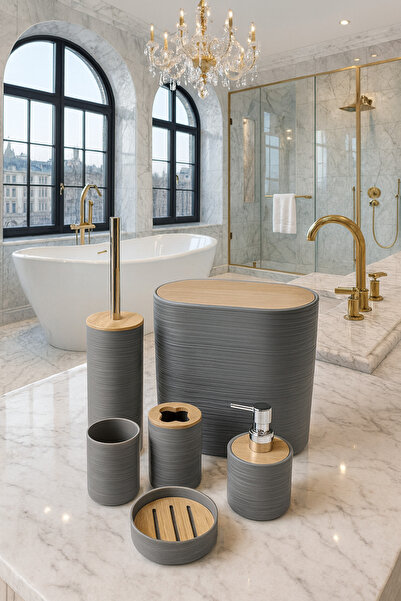 MAKRİ HOME 6 Parça Bambu Kapaklı Banyo Seti, Gri, Oval, Hacim: 8 litre