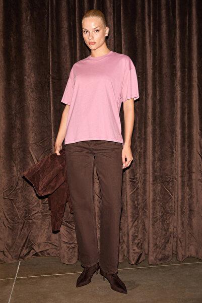 GRIMELANGE Jemmy Women's 100% Organic Cotton Relaxed Fit Slit Round Neck Dusty Rose T-Shirt