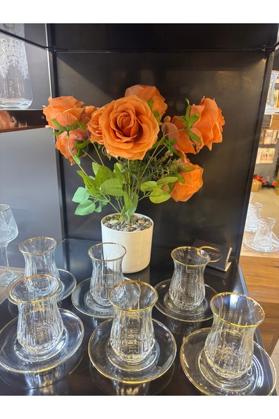 Paşabahçe ARS Echo Çay Bardağı ve Çay Tabağı Takımı, 6 Kişilik 12 Parça Gerçek Yaldızlı Çay Seti,Şık