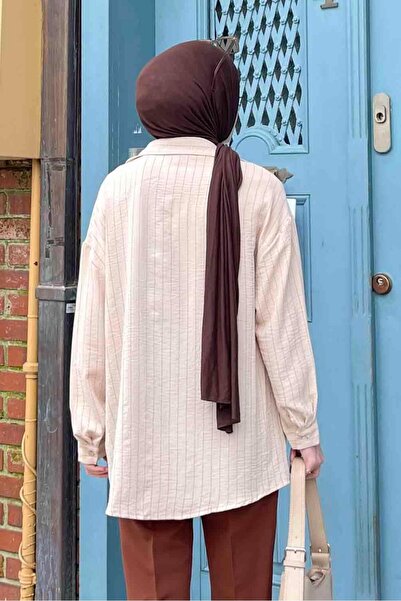 lamelif Μπεζ ριγέ πουκάμισο με μονή τσέπη