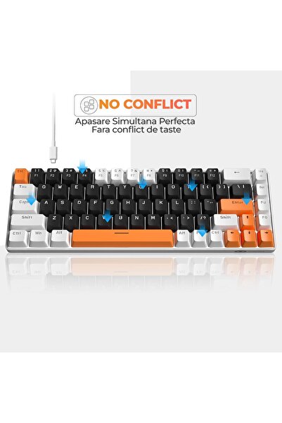 Timebox Mechanical Gaming Keyboard, 60%, LED Lights, 68 Keys, with Type-C Cable, Blue Switch, Portable, Ora