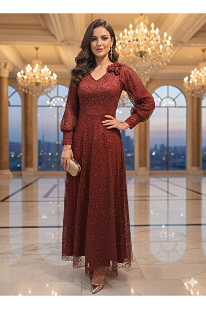 Robes Tesettür Büyük Beden Uzun Boy Simli Abiye Elbise - Şık Özel Günler Davet -591