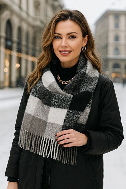 BALIENTE Black Thick Boucle Shawl Scarf for Women - 44x195 Cm