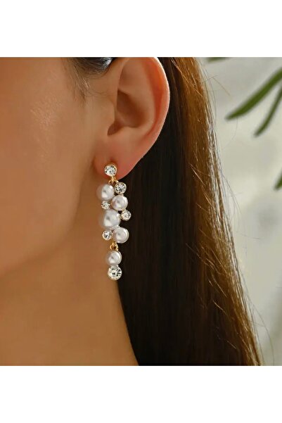 ER TAKI Gold Renkli Taşlı ve İncili Şık Nişan Kına Nikah Düğün Abiye Küpe