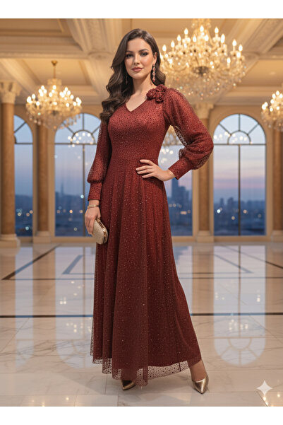 Robes Tesettür Büyük Beden Uzun Boy Simli Abiye Elbise - Şık Özel Günler Davet -591