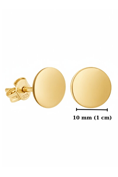 bymissmücevherat 925 Ayar Gümüş Gold Renk Taşsız Yuvarlak Plaka 10 mm Kadın Küpe |