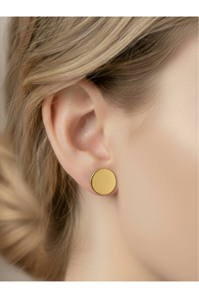 bymissmücevherat 925 Ayar Gümüş Gold Renk Taşsız Yuvarlak Plaka 10 mm Kadın Küpe |