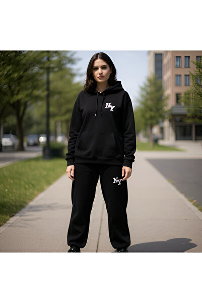 Shine Stone Γυναικείο Σετ Φούτερ Φούτερ Μαύρο με τύπωμα Χοντρό με κουκούλα