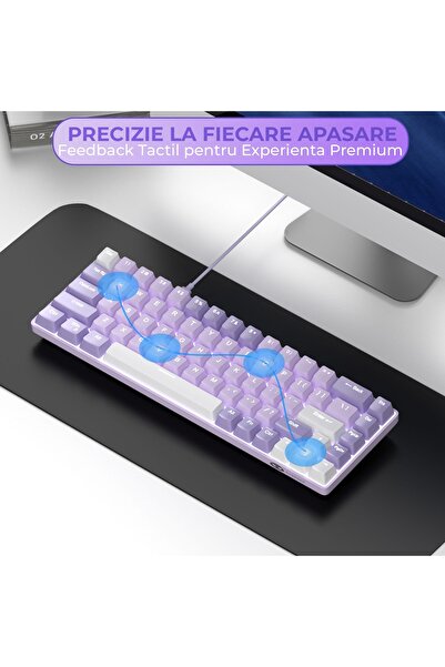 Timebox Tastatură mecanică de gaming, iluminare din spate violet 60%, comutator liniar hot swap, 61 de taste