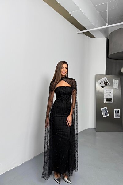 İyem Abiye Pelerinli Ve Taşlı Boncuk İşlemeli Şık Tasarım Abiye Elbise Dar Kalıp