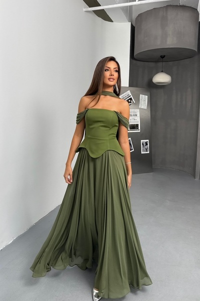 İyem Abiye Şallı Ve Takım Görünümlü Düşük Omuz Krep Şifonlu Abiye Elbise Extr...