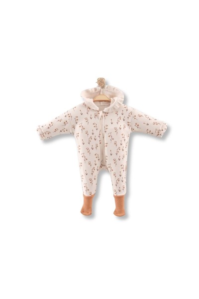 atabay Hooded Flower-Patterned Non-Slip Three-Ply Ribbed Jumpsuit with Anti-Slip Footies Cream