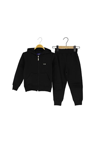 atabay Hooded Embroidered Knee-Detail Two-Thread Tracksuit Set Black