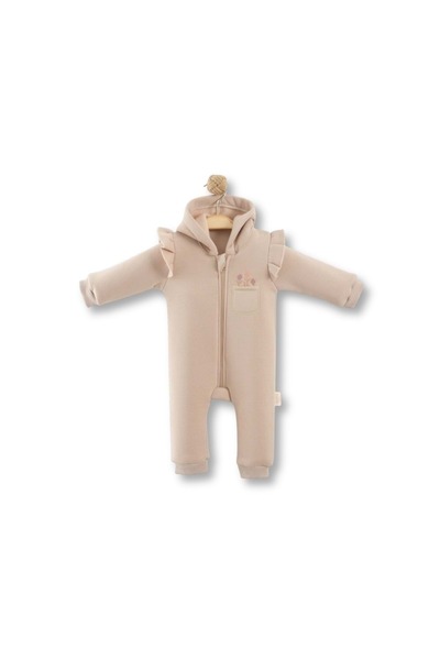 atabay Hooded Flower Embroidered Three-Ply Sharded Jumpsuit Beige