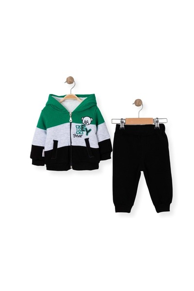 atabay Hey Bear Embroidered Hooded Plush Cardigan Double Bottom Top Set Green