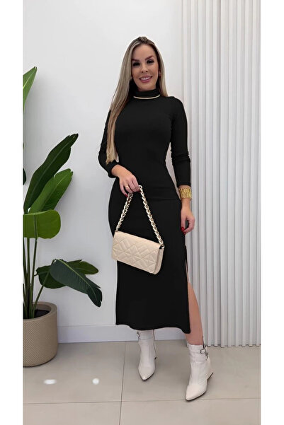 Butik Women's Long Sleeve Turtleneck Side Slit Slit Ribbed Knit Maxi Dress