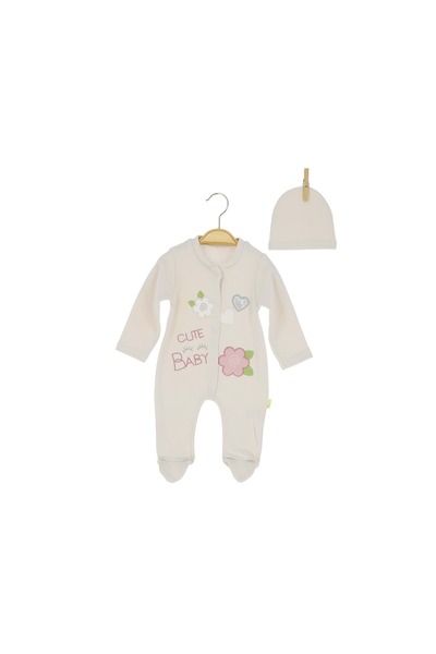 atabay Daisy Heart Embroidered Hat and Booties Combed Cotton Romper Cream