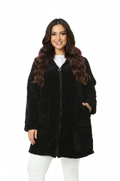 MARMARA FIRSAT سترة طويلة نسائية سوداء من الصوف بسحاب مقاس كبير