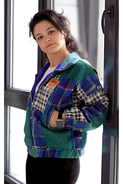 HOPEFUL DESİGN Kadın Ekose Desenli Fermuarlı Oversize Mont