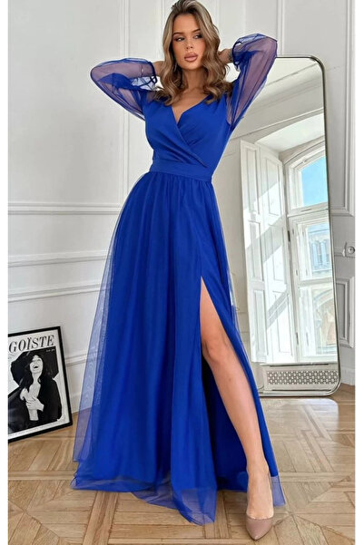 Butik Women's Long Sleeve Double-Breasted Collar Waist Belted Tulle Long Imported Crepe Dress