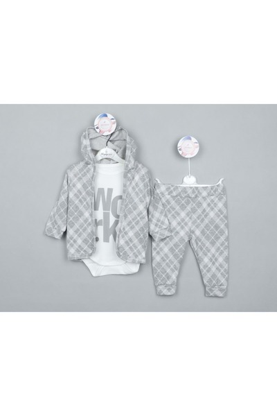 atabay Hooded Baklavi-Styled Work Printed Double Yarn Top and Bottom Set Gray