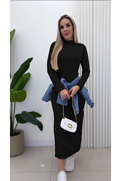 Butik Women's Long Sleeve Turtleneck Side Slit Slit Ribbed Knit Maxi Dress