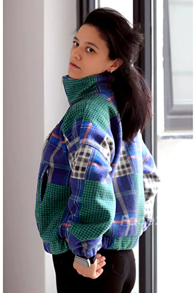 HOPEFUL DESİGN Kadın Ekose Desenli Fermuarlı Oversize Mont