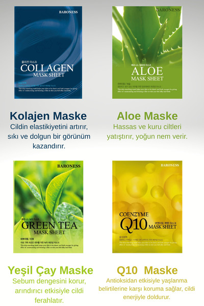 Baroness Dört Dörtlük Bakım Seti 4 lü Kore Maske seti Aloe Vera - Coenzyme Q10 - Collagen - Green Tea Ikore