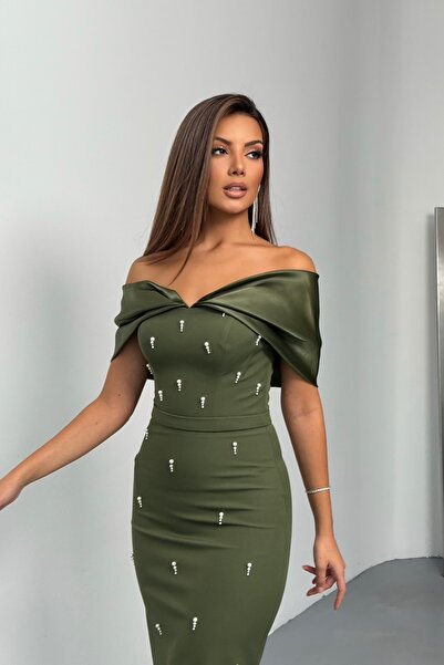 İyem Abiye Kayık Yaka İncili Krep After Kısa Elbise Dar Kalıp