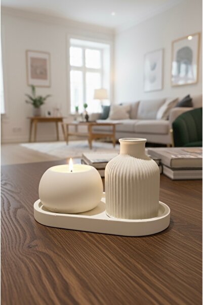 7Light El Yapımı Minimalist Mum & Dekoratif Ribanalı Vazo Seti - Beton Tepsi ...