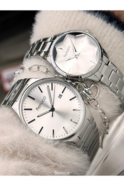 Ferrucci Marka Gümüş Sarı Renk Çelik Kordon Sevgili Çift Kol Saatleri Tesbih ...