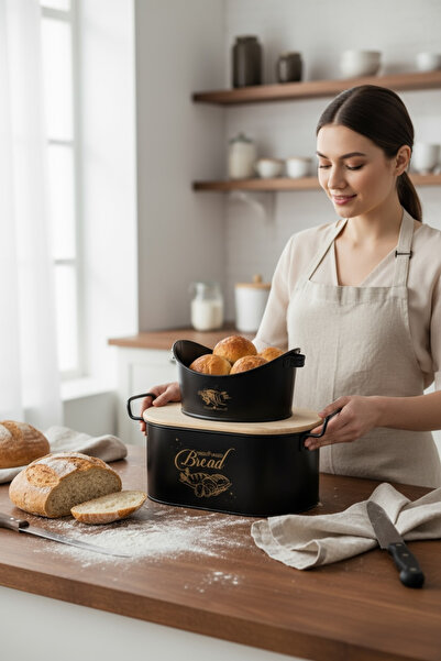 EVSTYLE Black Double Bread Bowl - Boat Bread Bowl with Wooden Lid