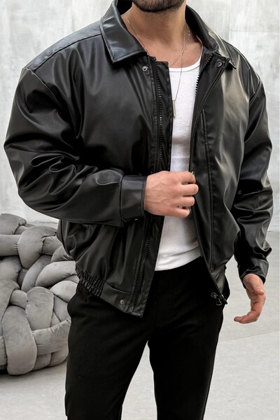 DOPPİO'N DENİM Мъжко черно овърсайз ретро кожено яке