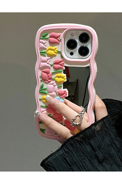 EDELFU iPhone 15 PRO, 14 PRO - Aynalı, 3D Lale Desenli, Yumuşak Silikon Dalga...