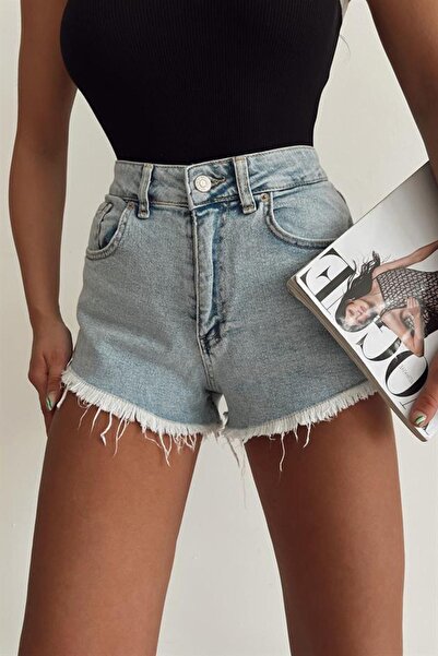 FASHION COCKTAIL Eskitme Püsküllü Cepli Yüksek Bel Bohem Kadın Denim Kot Şort